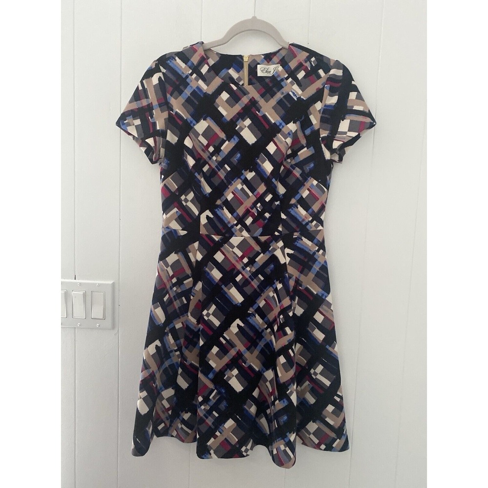 Eliza‎ J Womens Sz 6 Short Sleeve Fit N Flare Skater Dress Geometric Colorful
